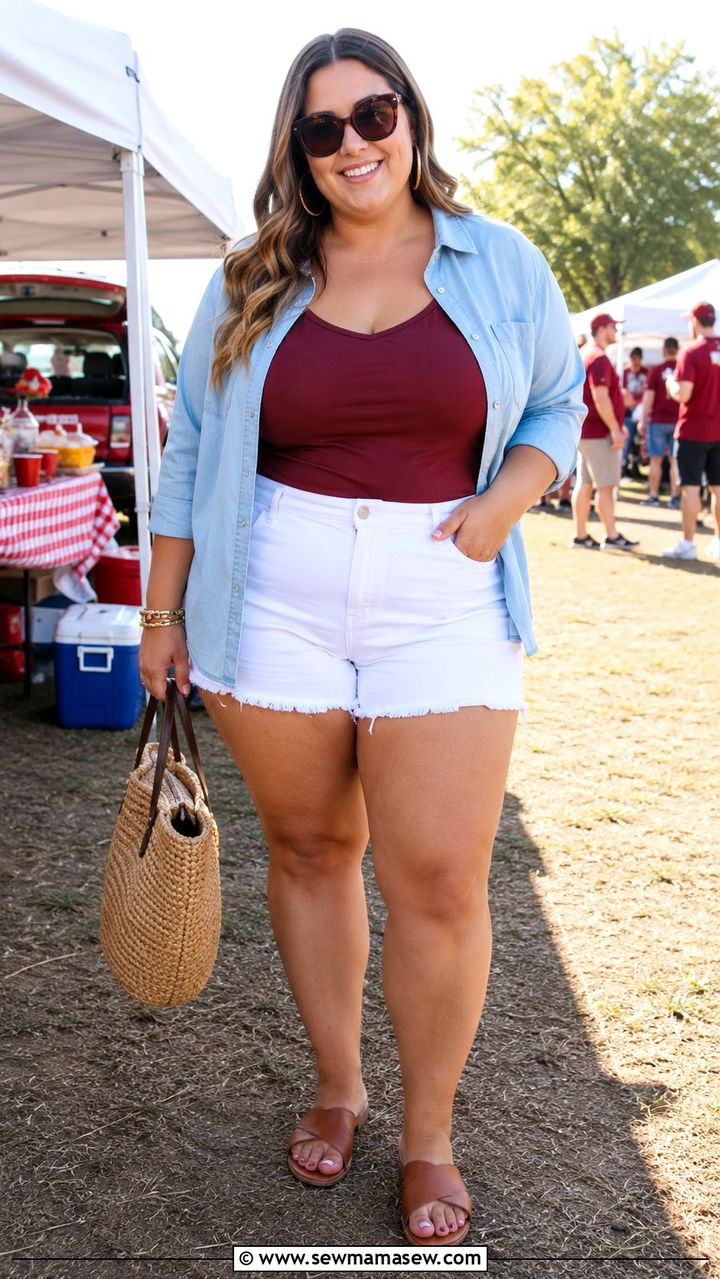 Plus Size Gameday Outfit With Chambray Shirt And White Denim Shorts - 30 Plus size gameday outfit ideas