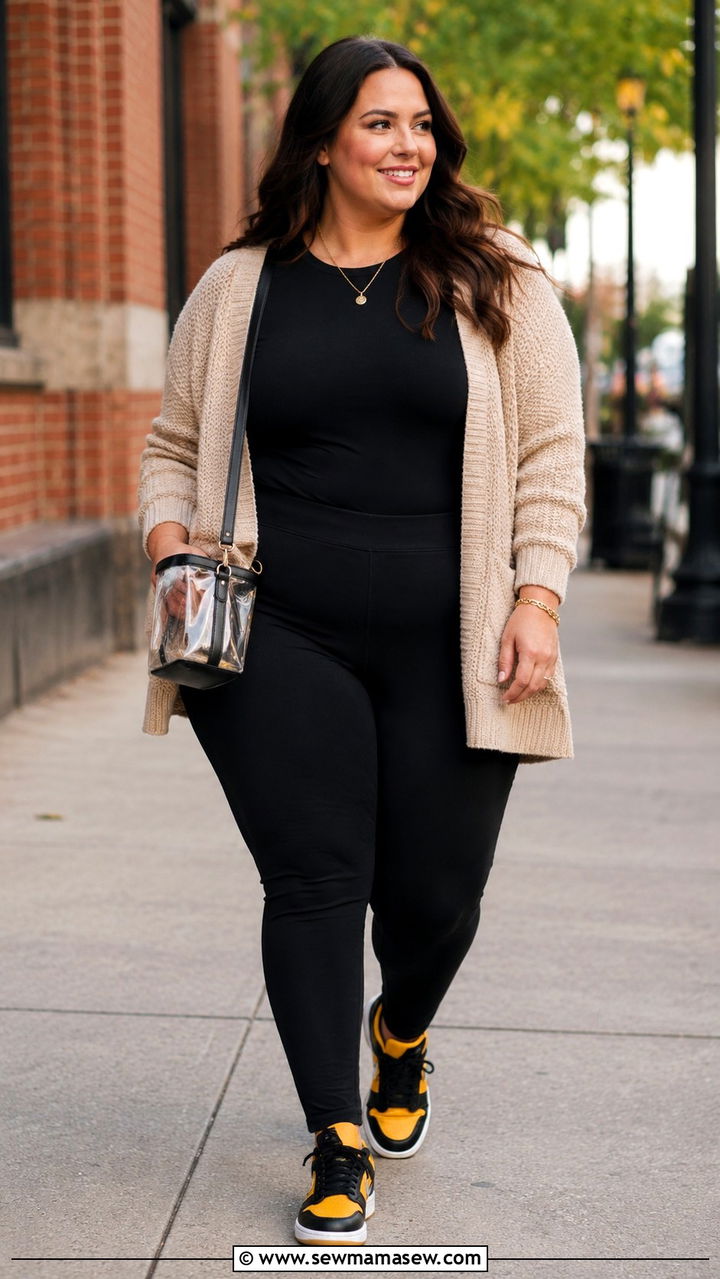 Plus Size Gameday Outfit With Colorful Sneakers And Neutral Layers - 30 Plus size gameday outfit ideas