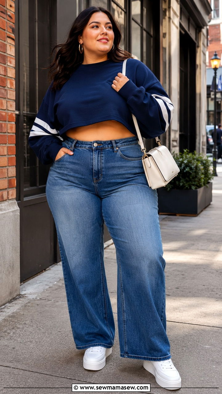 Plus Size Gameday Outfit With Cropped Sweatshirt And Wide Leg Jeans - 30 Plus size gameday outfit ideas