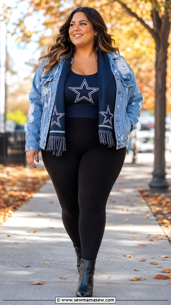 Plus Size Gameday Outfit With Denim Jacket And Leggings - 30 Plus size gameday outfit ideas