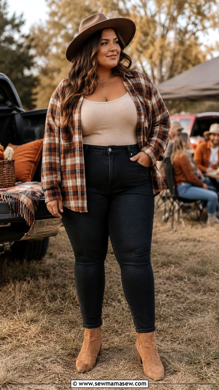 Plus Size Gameday Outfit With Flannel Shirt And Boots - 30 Plus size gameday outfit ideas