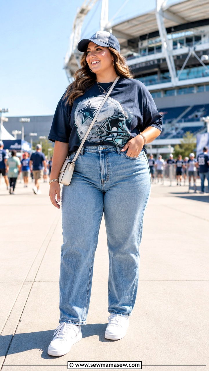 Plus Size Gameday Outfit With Graphic Tee And Jeans - 30 Plus size gameday outfit ideas