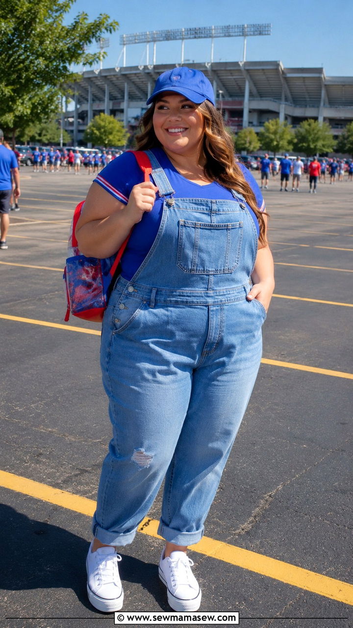 Plus Size Gameday Outfit With Overalls And Team Tee - 30 Plus size gameday outfit ideas