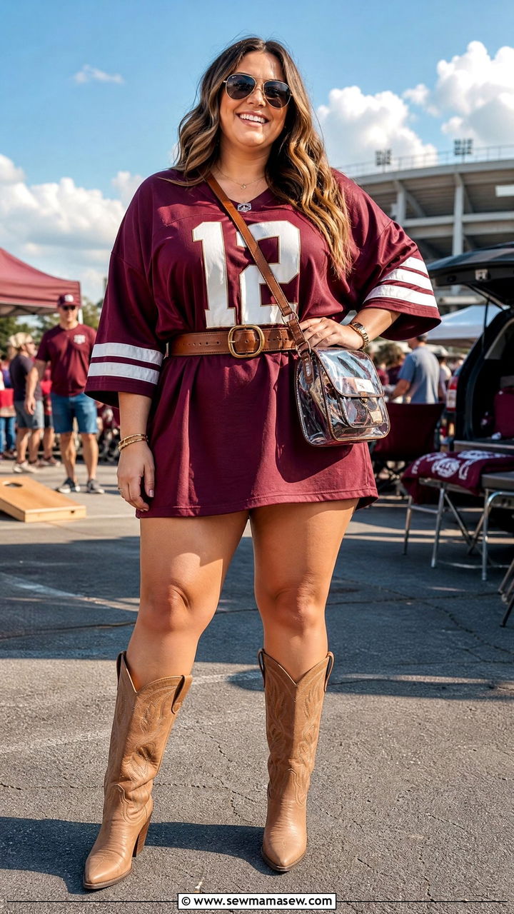 Plus Size Gameday Outfit With Oversized Jersey And Cowboy Boots - 30 Plus size gameday outfit ideas