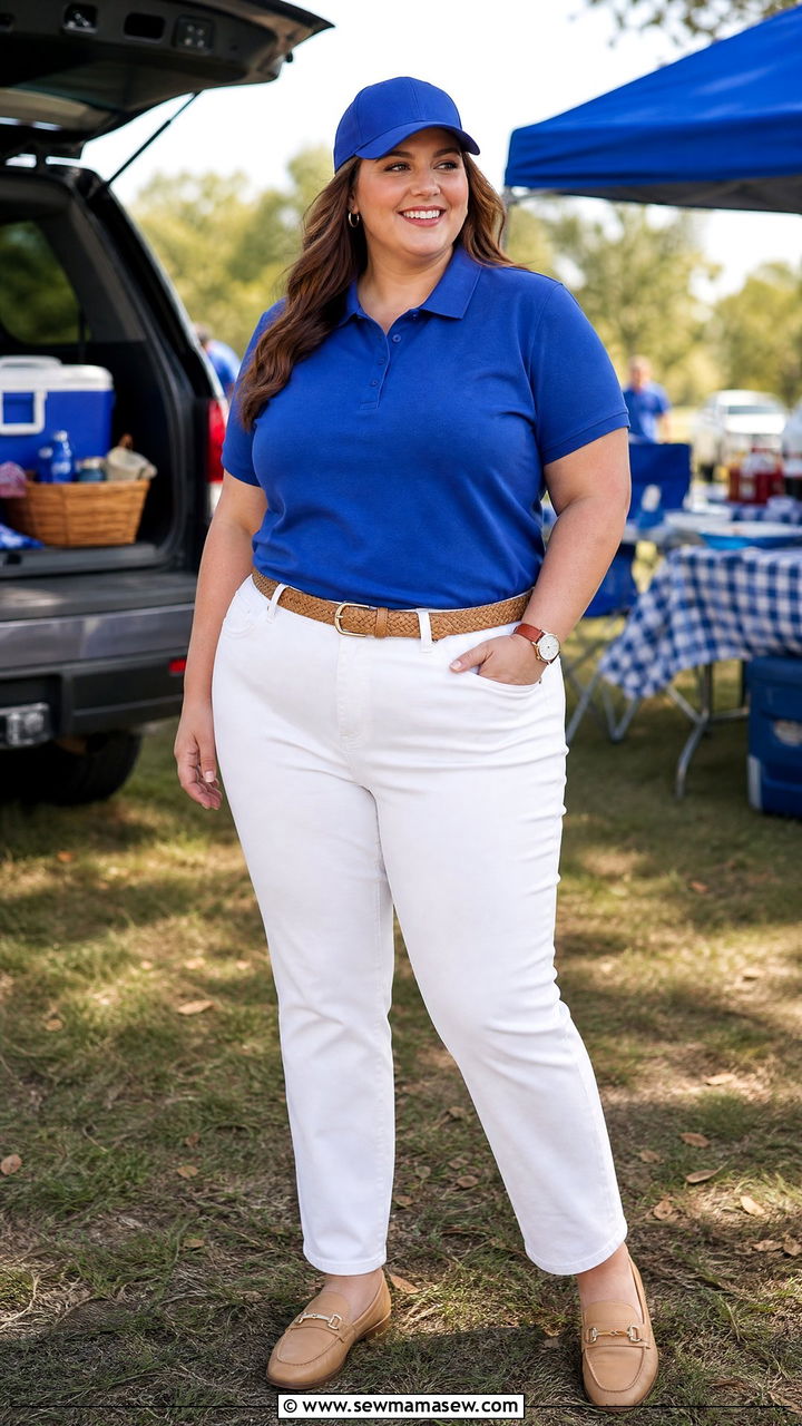 Plus Size Gameday Outfit With Polo Shirt And White Jeans - 30 Plus size gameday outfit ideas