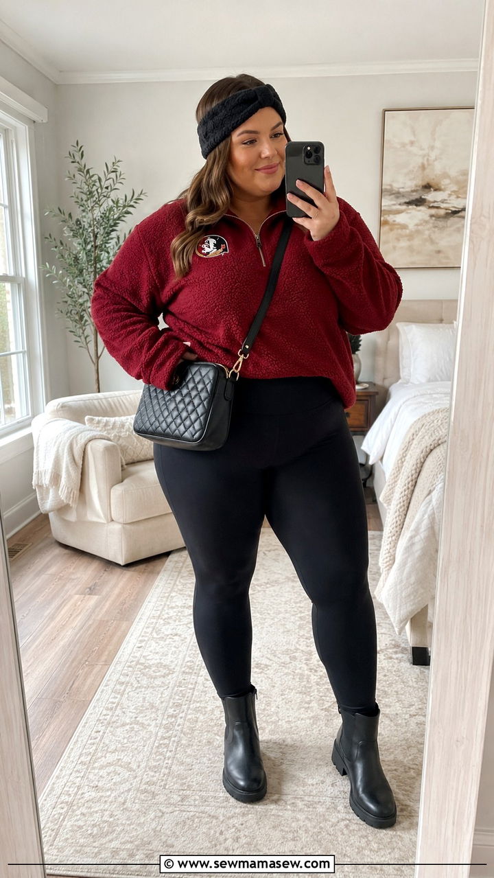 Plus Size Gameday Outfit With Quarter Zip Pullover And Leggings - 30 Plus size gameday outfit ideas