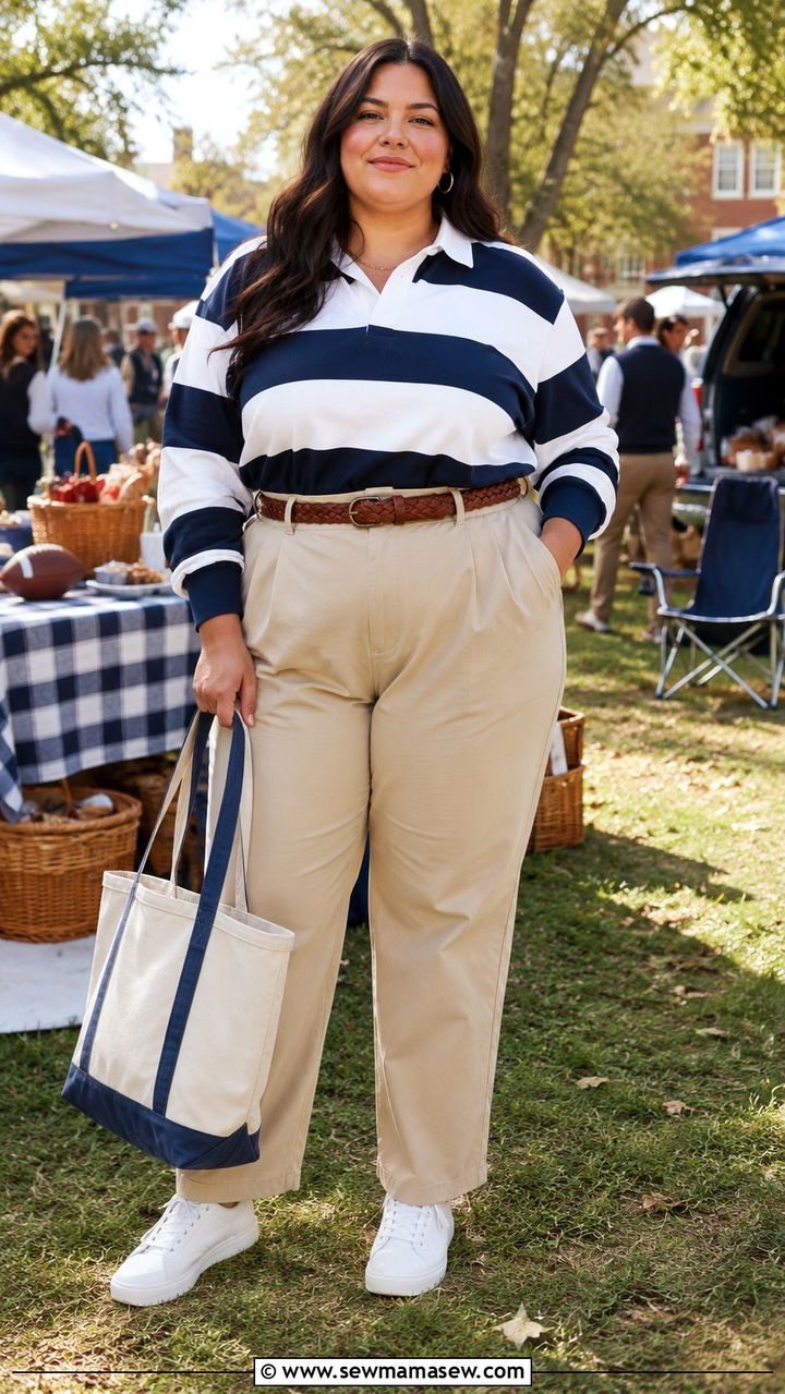 Plus Size Gameday Outfit With Rugby Stripe Shirt And Khakis - 30 Plus size gameday outfit ideas
