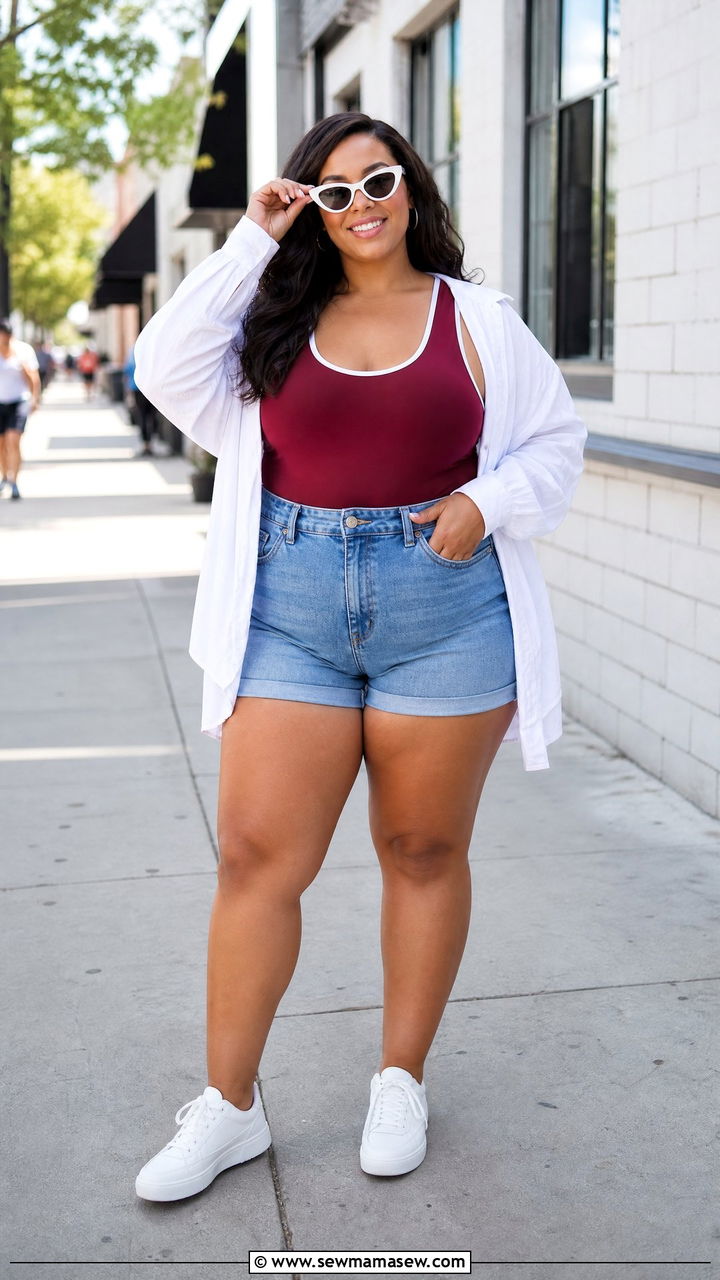 Plus Size Gameday Outfit With Team Bodysuit And Denim Shorts - 30 Plus size gameday outfit ideas