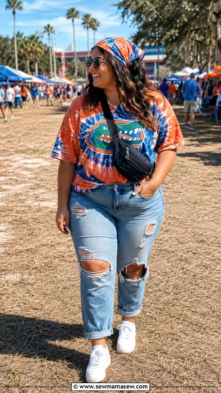 Plus Size Gameday Outfit With Tie Dye Team Tee And Distressed Denim - 30 Plus size gameday outfit ideas