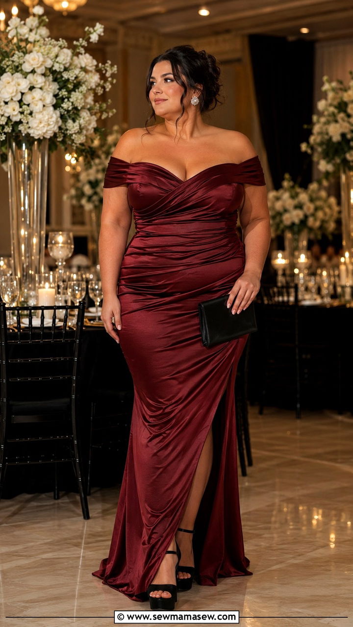 Plus Size Garnet Ruched OffShoulder Gown Wedding Guest Outfit - 25 Wedding guest outfit ideas size 20