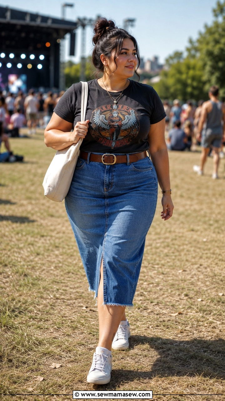 Plus Size Graphic Tee And Denim Skirt Concert Outfit - 30 Plus size outfit ideas for concert
