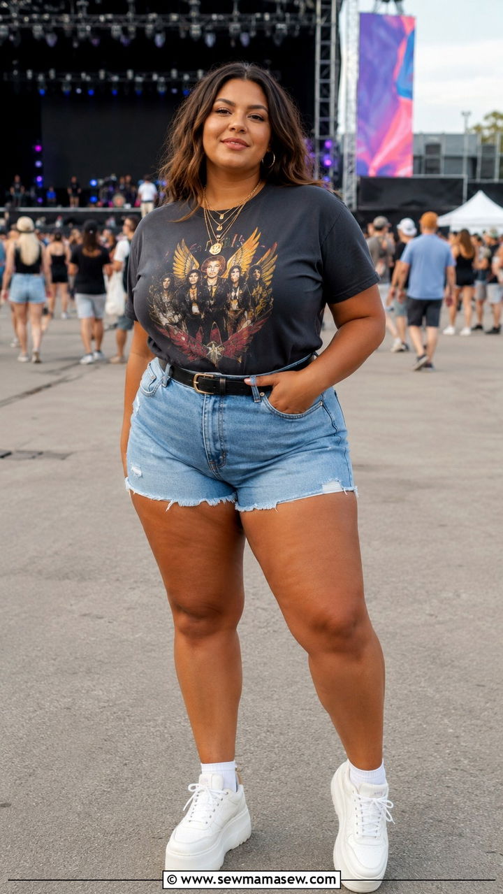 Plus Size Graphic Tee and High Waisted Denim Shorts Outfit - 30 plus size summer concert outfit ideas