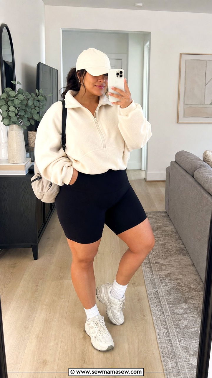 Plus Size Half Zip Fleece and Bike Shorts - 25 Sporty chic outfit ideas plus size