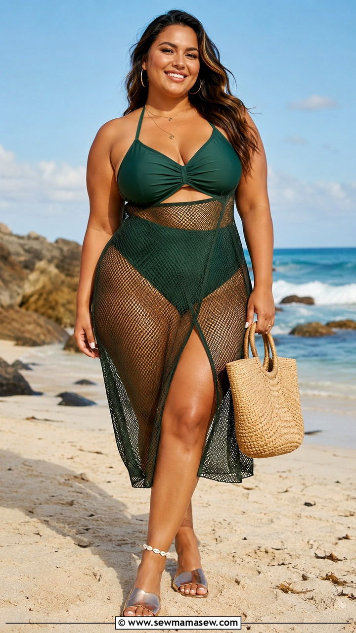 Plus Size Halter Bikini With Mesh Cover Up Dress - 30 Plus size beach outfits