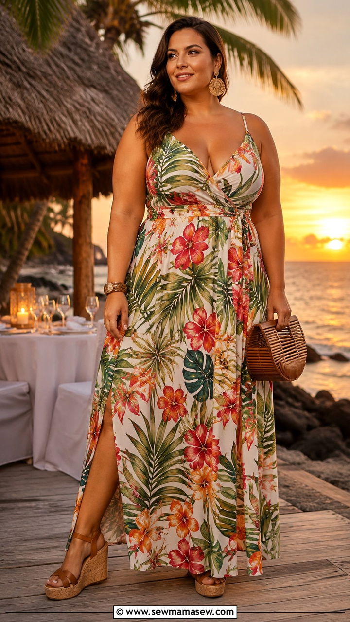 Plus Size Hawaiian Print Maxi Dress with Wedge Sandals - 30 Resort wear outfit ideas plus size