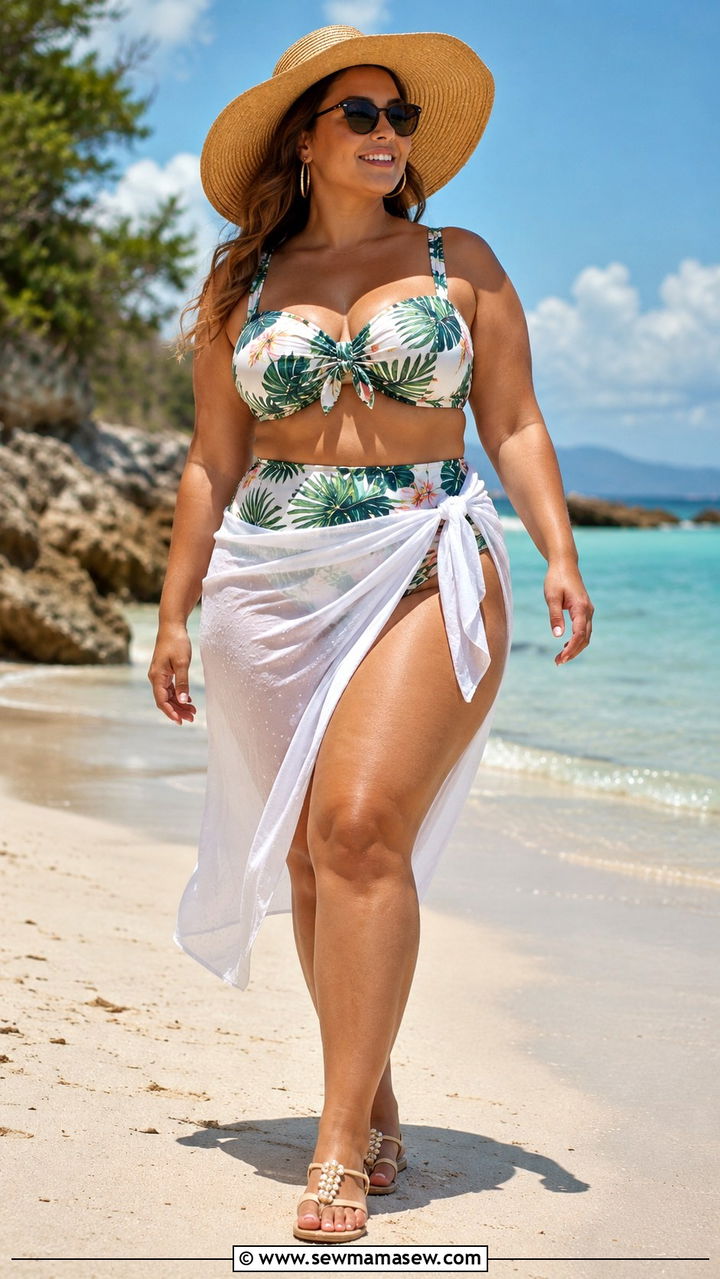 Plus Size High Waisted Bikini and Sarong Beach Outfit - 30 Plus size beach outfits