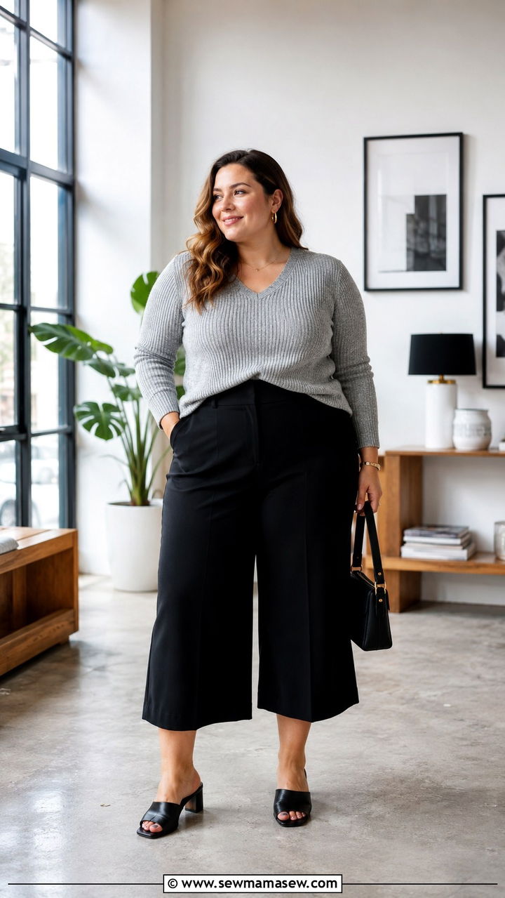 Plus Size High Waisted Culottes with Fitted Knit Top - 20 Outfit ideas to hide belly fat plus size