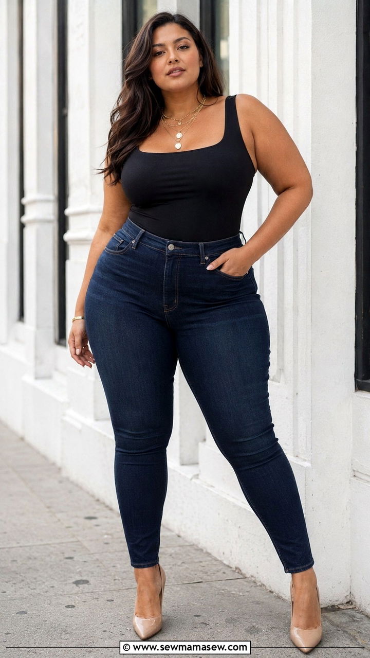 Plus Size High Waisted Jeans and Bodysuit for Photoshoot - 25 Photoshoot outfits for plus size