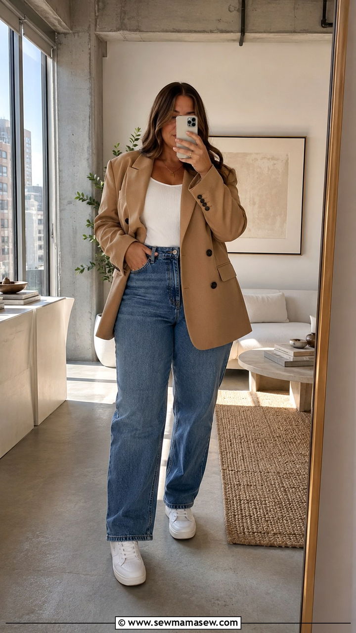 Plus Size High Waisted Jeans and Oversized Blazer Outfit - 20 Plus size outfit ideas size 12