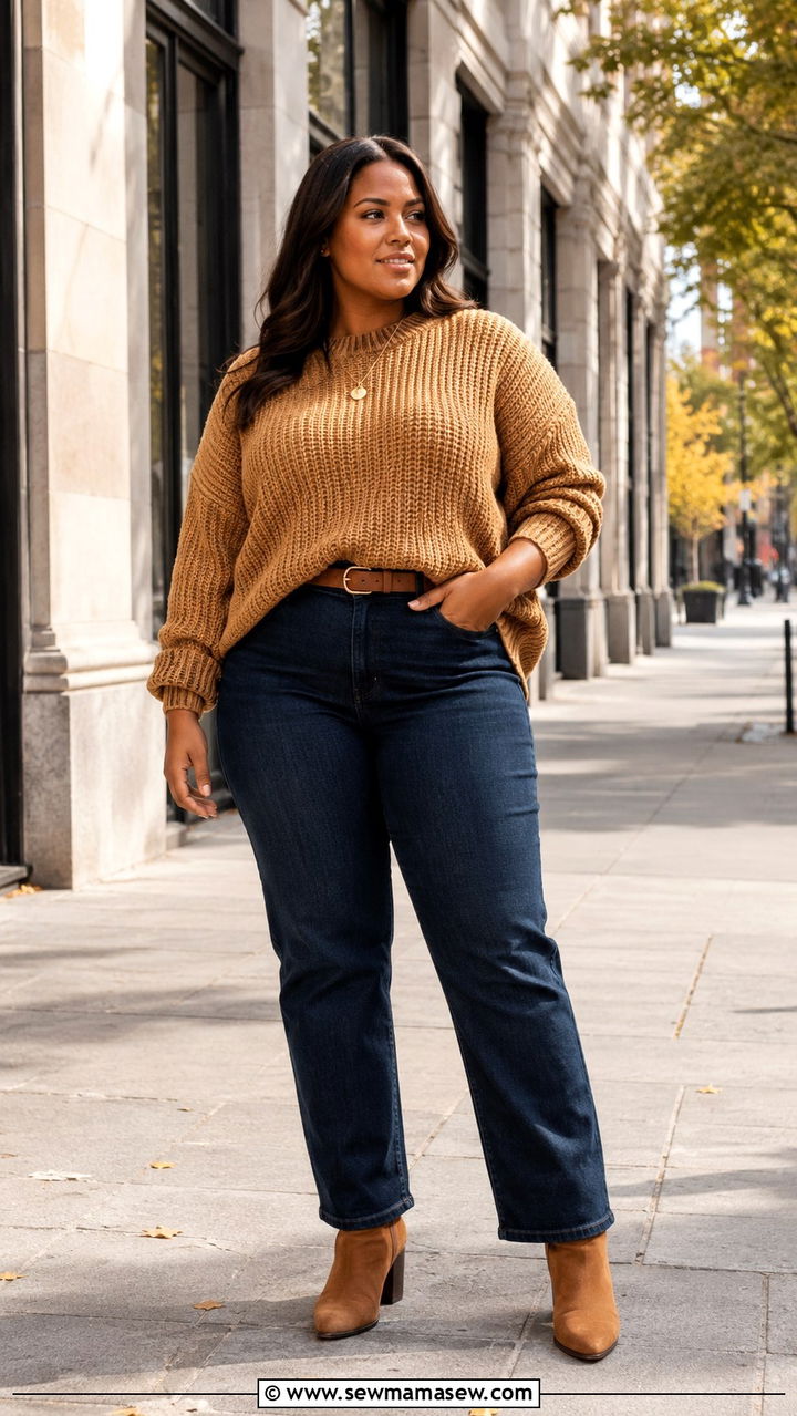 Plus Size High Waisted Jeans and Sweater Outfit - 25 Plus size outfit ideas for 12-14
