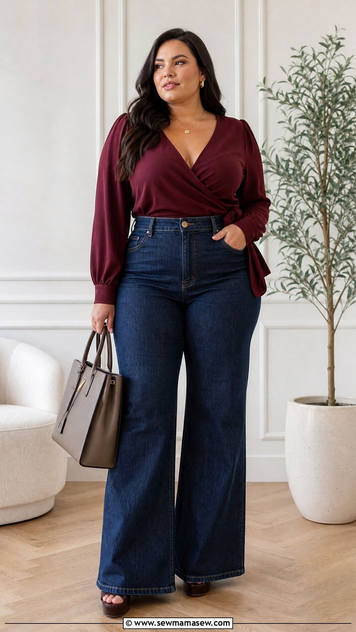 Plus Size High Waisted Jeans with Wrap Top - 35 jeans outfits ideas