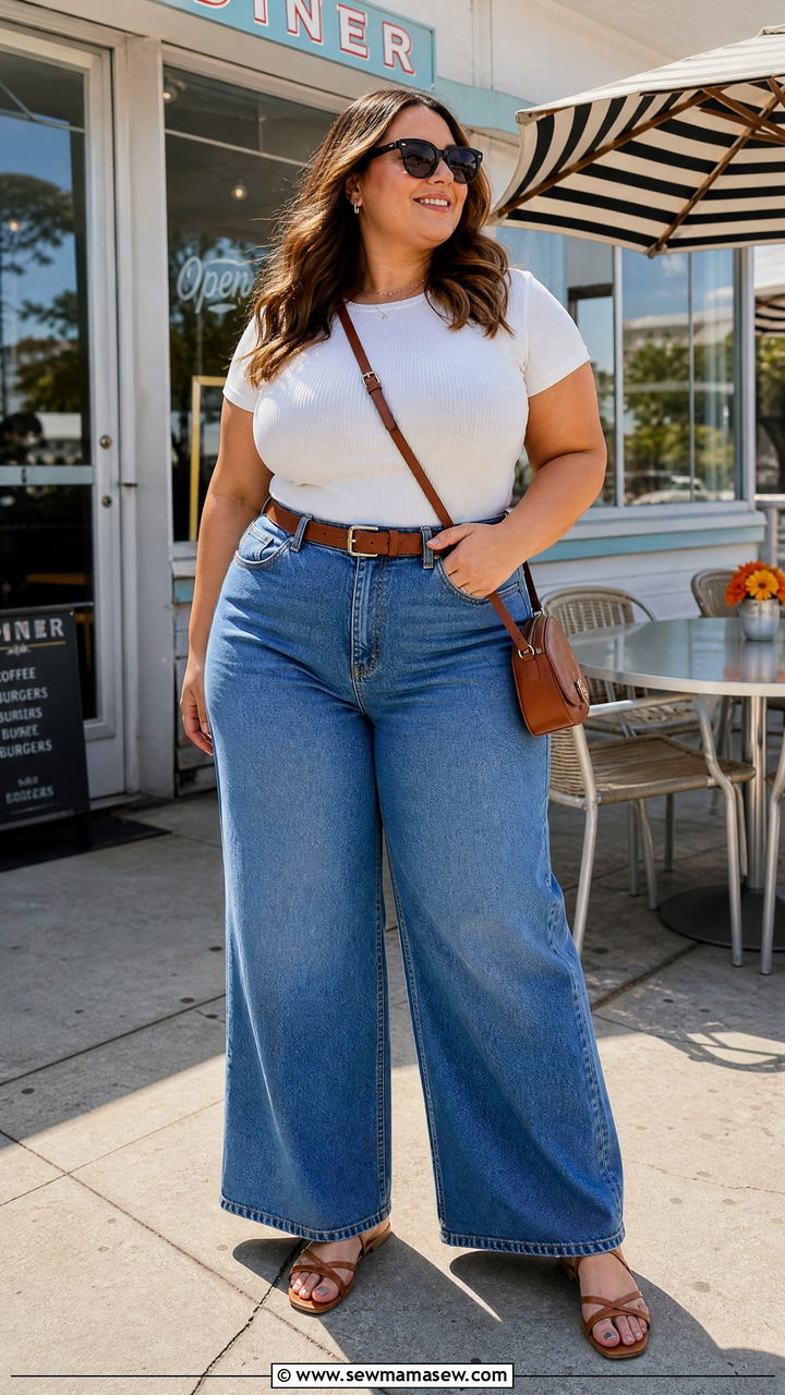 Plus Size High Waisted Wide Leg Jeans With Fitted Tee - 30 Plus size outfit ideas for brunch