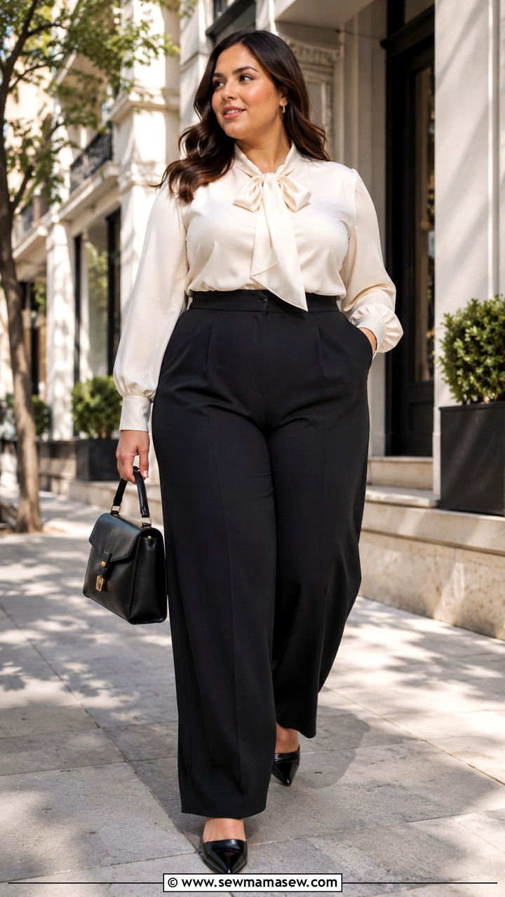 Plus Size High Waisted Wide Leg Trousers and Tucked Blouse - 25 Plus size outfit ideas French girl