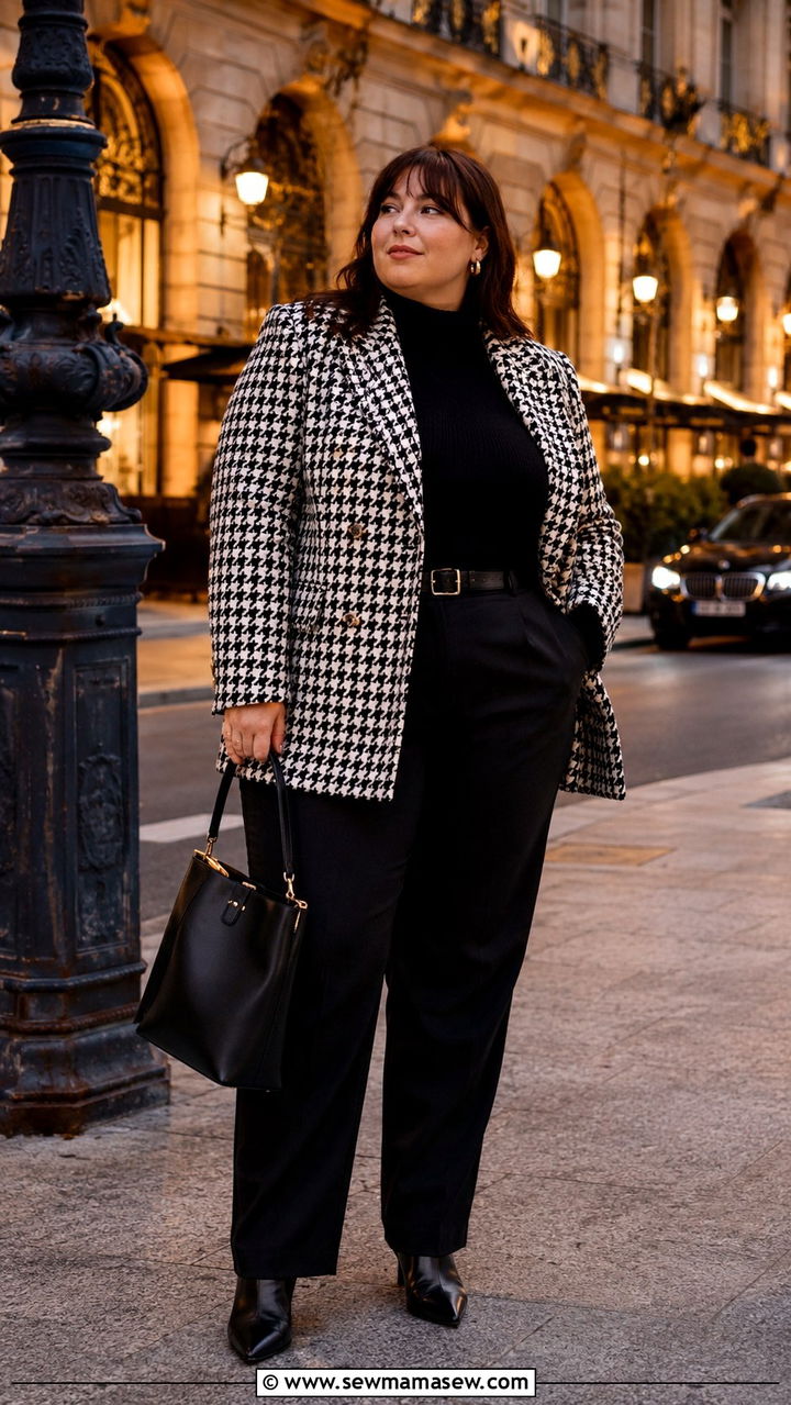 Plus Size Houndstooth Blazer Coat with All Black Ensemble - 30 Parisian outfits plus size