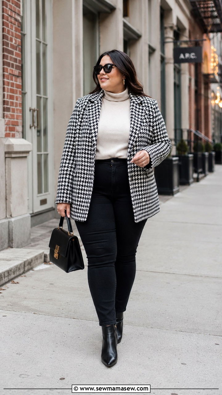 Plus Size Houndstooth Blazer With Black Jeans - 25 Preppy outfits plus size