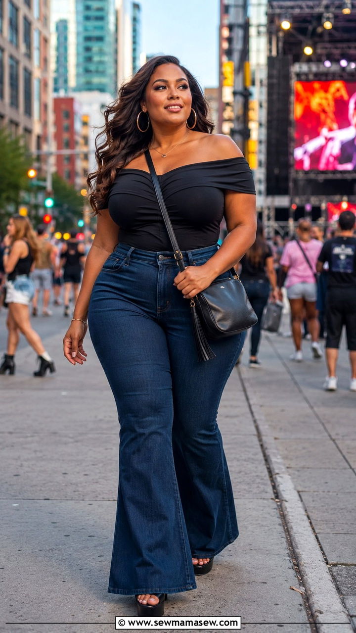 Plus Size Hourglass Off Shoulder Flared Jeans - 25 Outfit ideas for hourglass figure plus size