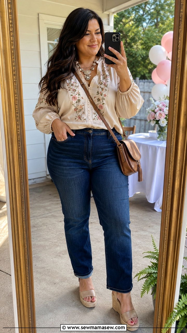 Plus Size Jeans Dressy Top Baby Shower Outfit - 30 plus size baby shower outfit ideas