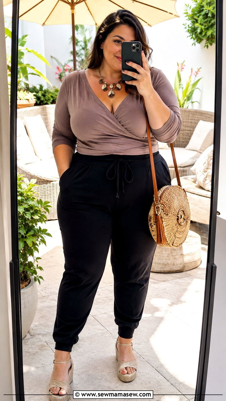 Plus Size Joggers with a Wrap Top and Wedge Sandals - 30 joggers outfit ideas for women