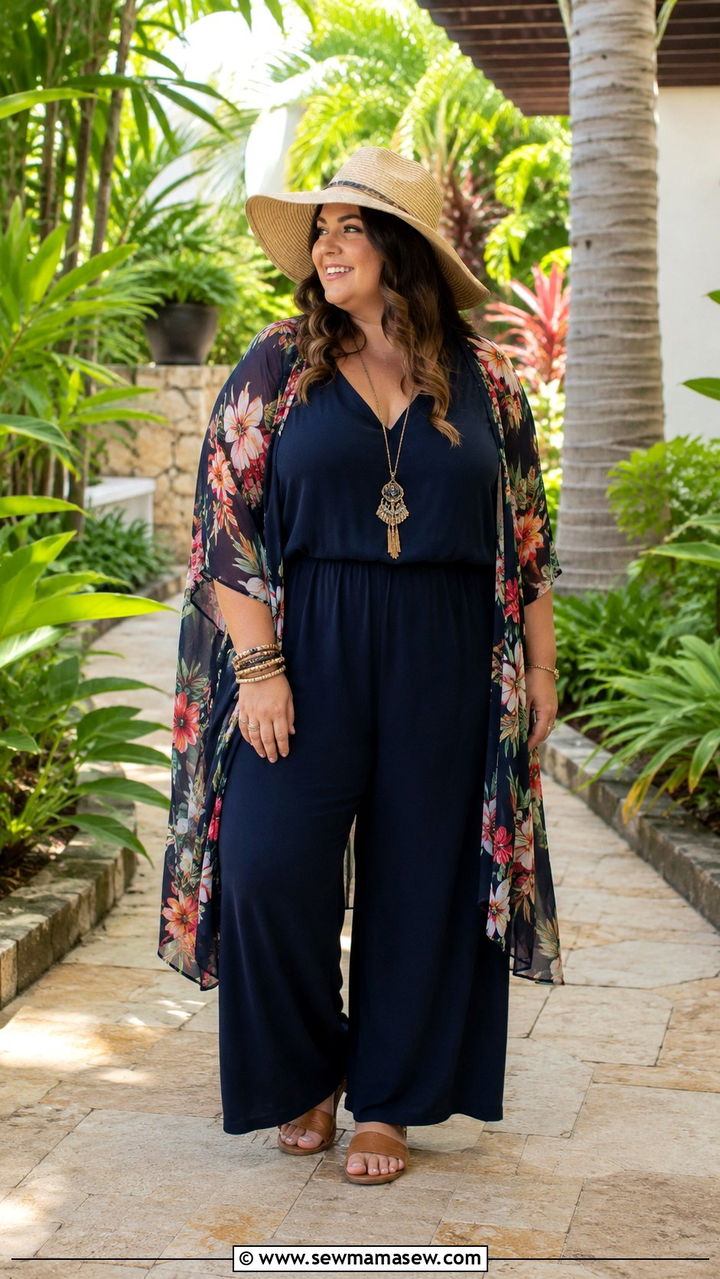 Plus Size Jumpsuit with Kimono Layer - 30 Plus size modest outfit ideas