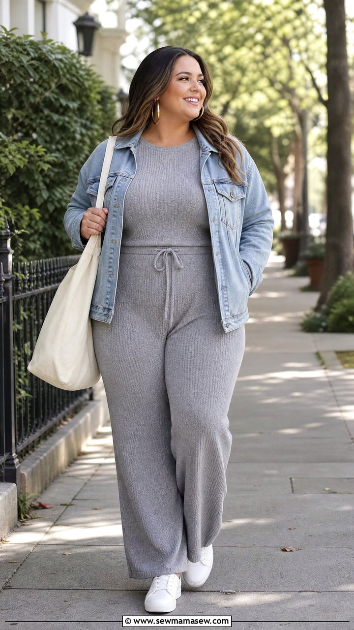 Plus Size Knit Jumpsuit with Denim Jacket Outfit - 25 Jumpsuit outfit ideas plus size