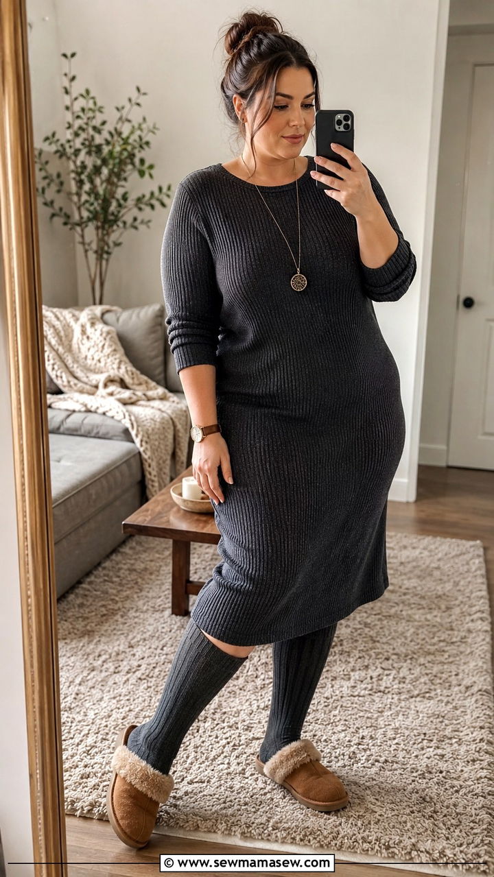 Plus Size Knit Lounge Dress and Knee High Socks - 30 Plus size loungewear outfits