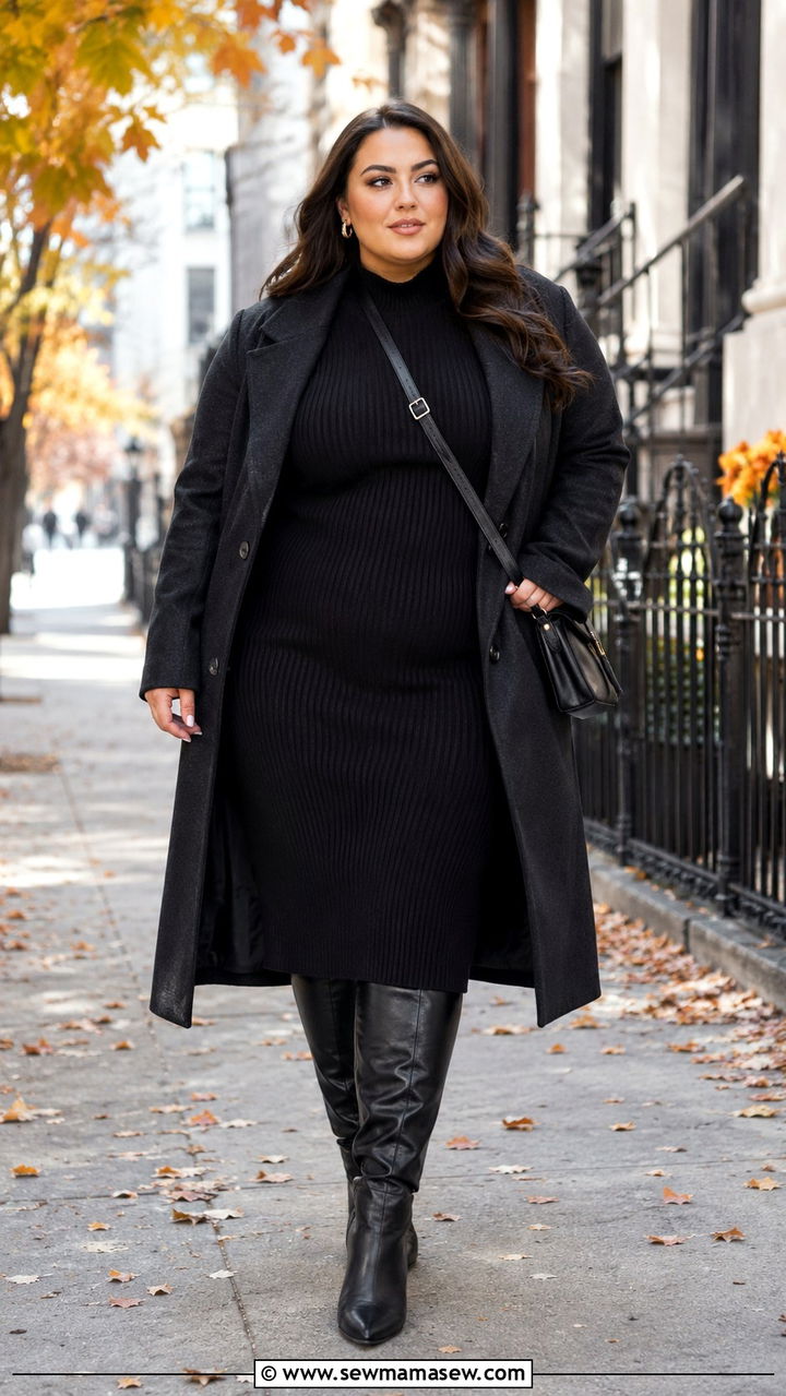 Plus Size Knit Midi Dress and Knee High Boots Outfit - 25 Plus size outfit ideas for 12-14