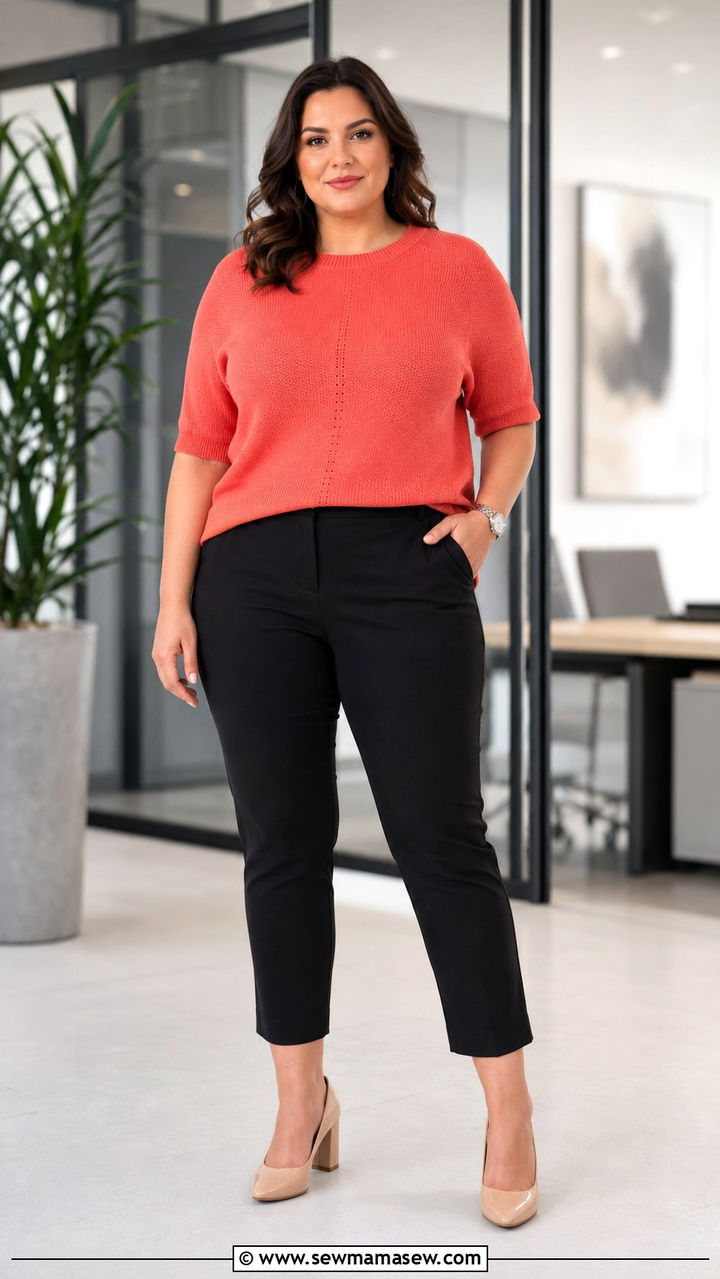 Plus Size Knit Top and Cropped Cigarette Pants Summer Work Outfit - 30 Plus size work outfit ideas summer