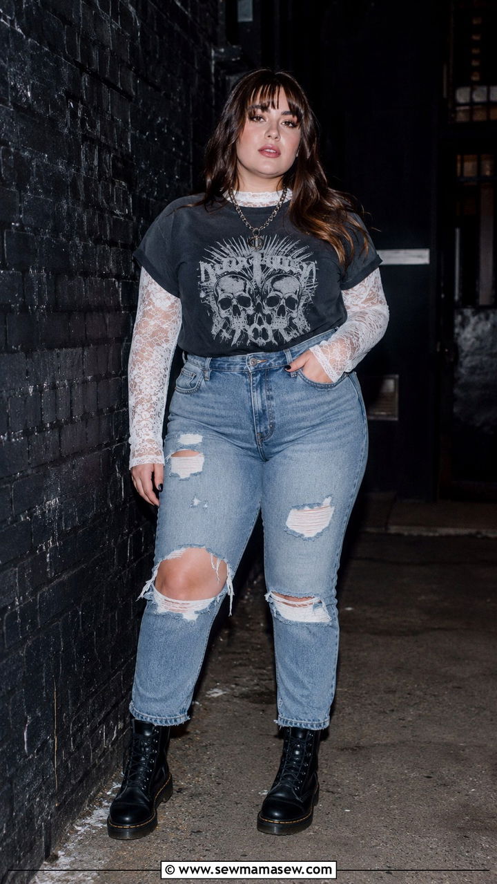 Plus Size Lace Top And Ripped Jeans Concert Outfit - 30 Plus size outfit ideas for concert