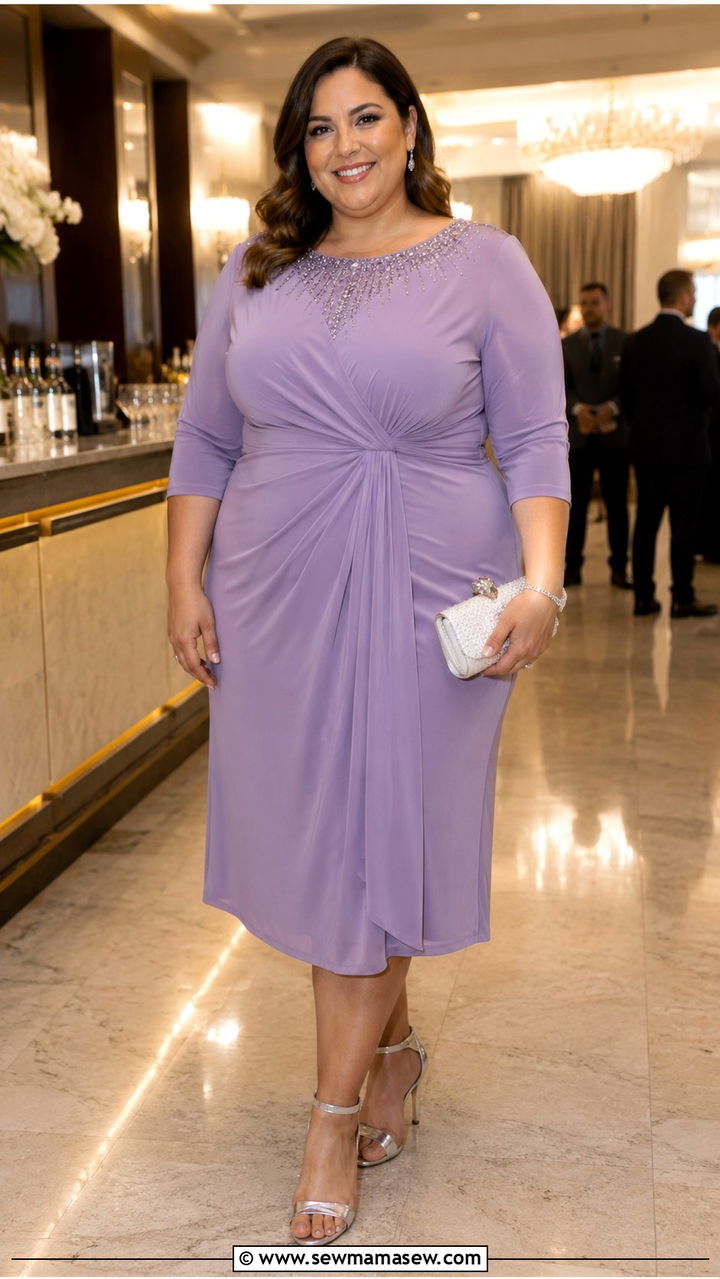 Plus Size Lavender Midi Dress With Beaded Neckline Wedding Guest Outfit - 25 Wedding guest outfit ideas size 20