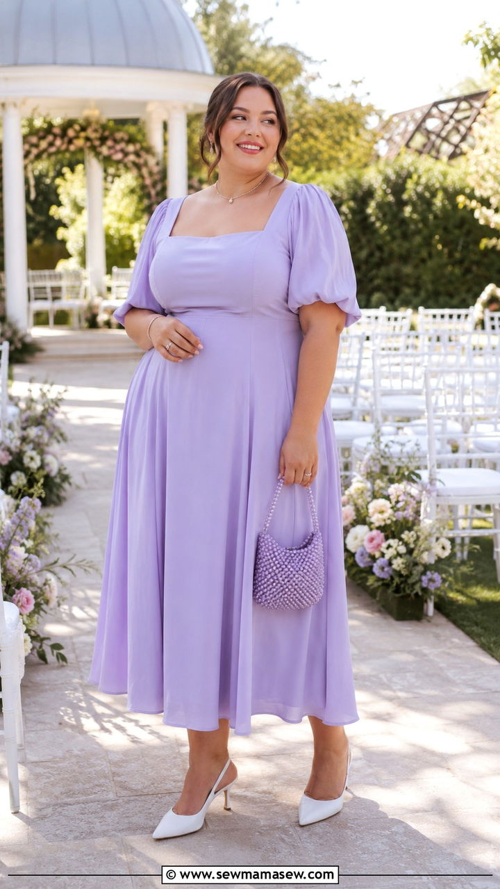 Plus Size Lavender Midi Dress With Puffed Sleeves Wedding Guest Outfit - 25 Wedding guest outfit ideas size 20