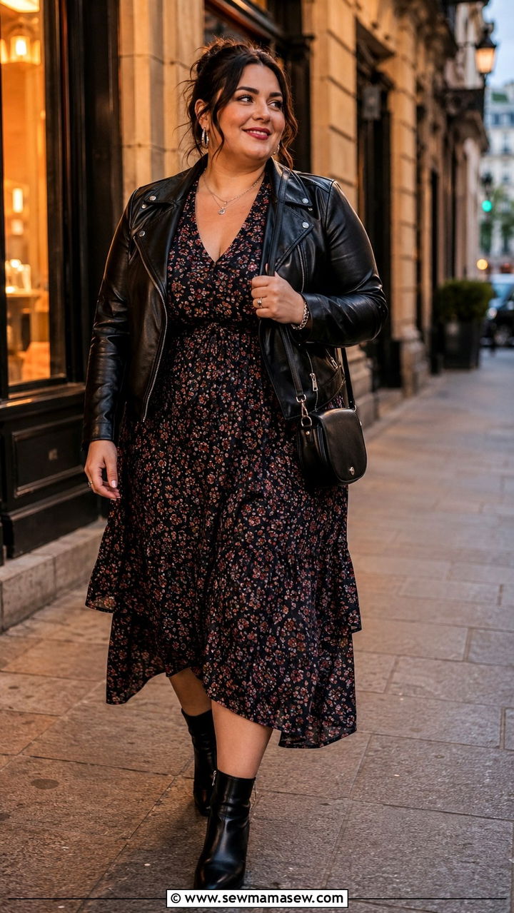 Plus Size Leather Jacket Over Dark Floral Midi Dress - 30 Parisian outfits plus size
