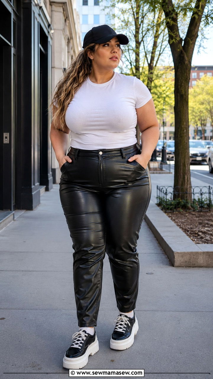 Plus Size Leather Pants With Baseball Cap And Platform Sneakers - 30 Plus size outfit ideas with leather pants