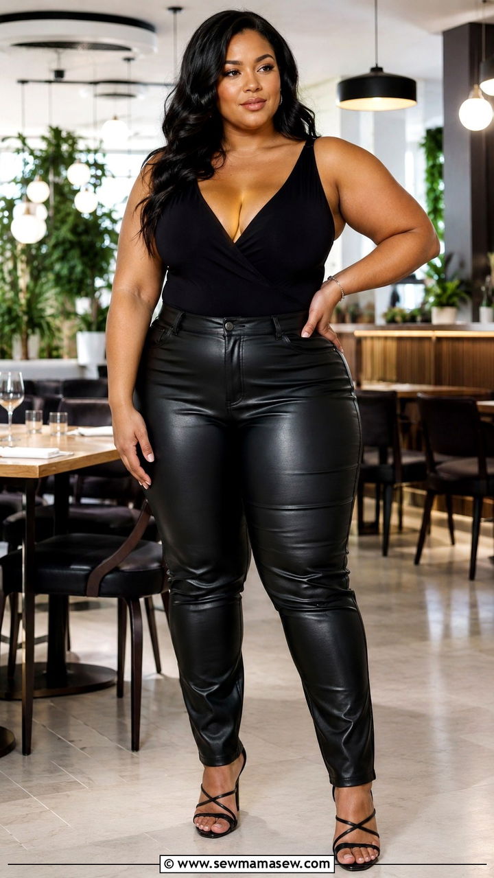 Plus Size Leather Pants With Bodysuit And Heeled Sandals - 30 Plus size outfit ideas with leather pants