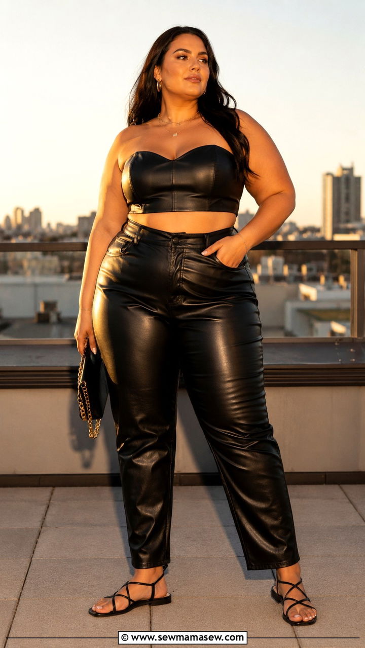 Plus Size Leather Pants With Crop Top And Strappy Sandals - 30 Plus size outfit ideas with leather pants
