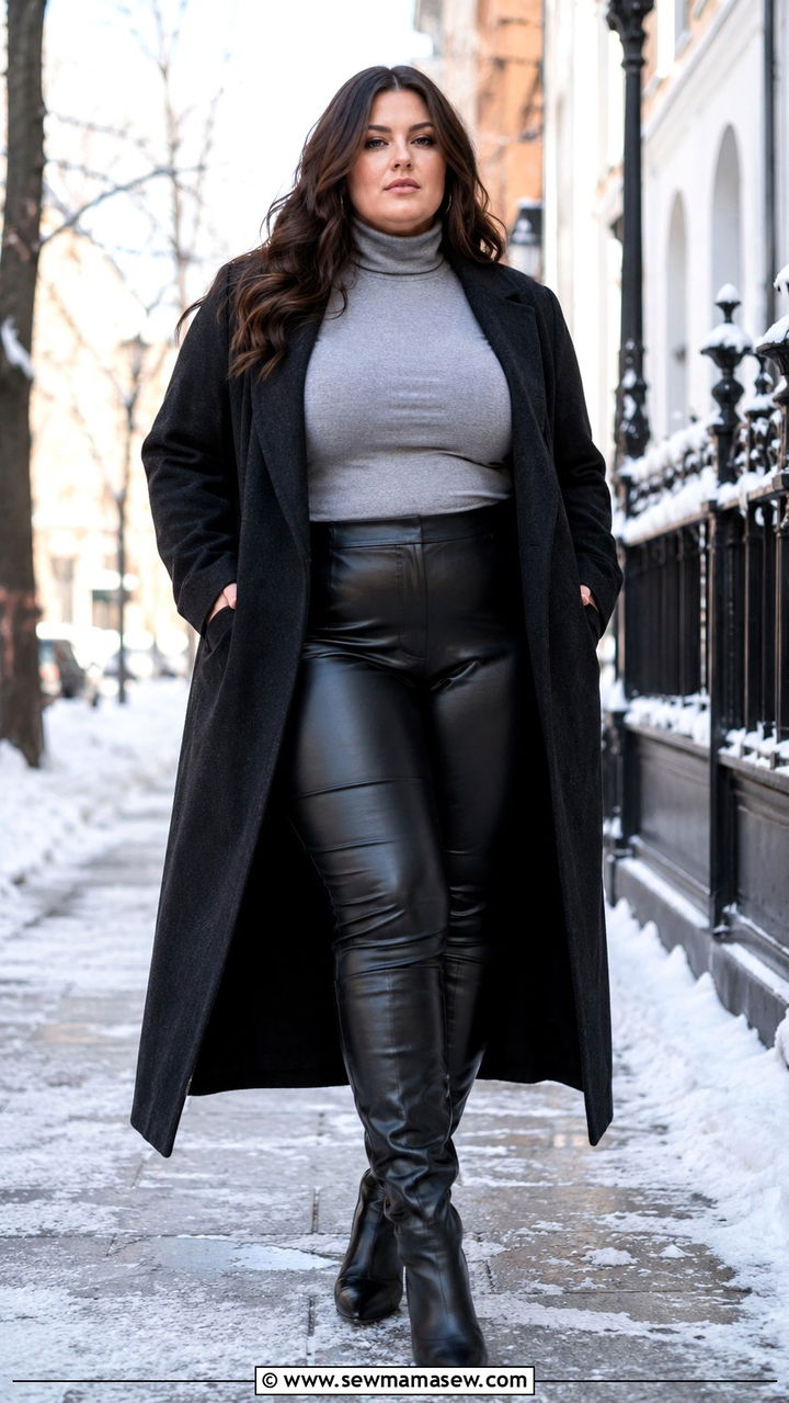 Plus Size Leather Pants With Longline Coat And Knee High Boots - 30 Plus size outfit ideas with leather pants