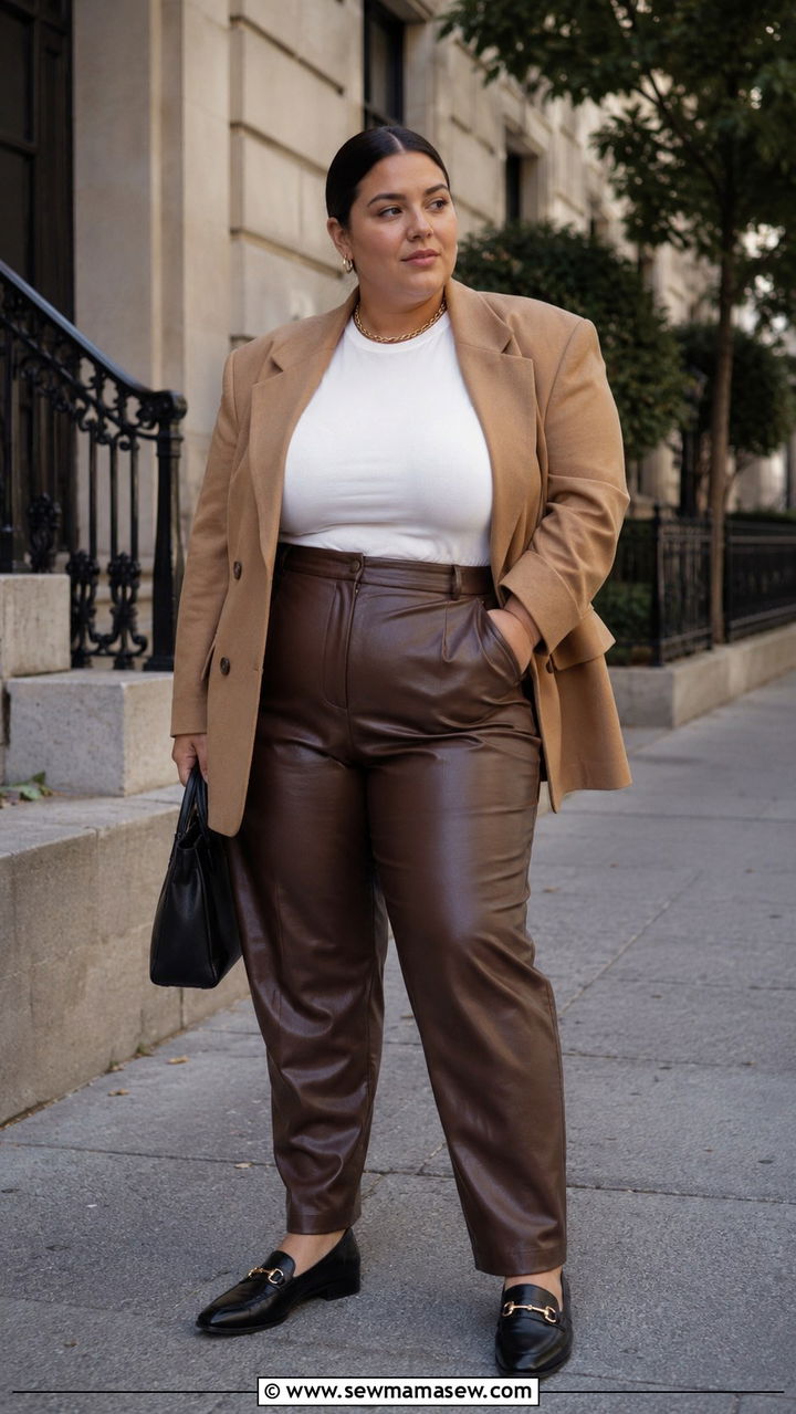 Plus Size Leather Pants With Oversized Blazer And Loafers - 30 Plus size outfit ideas with leather pants