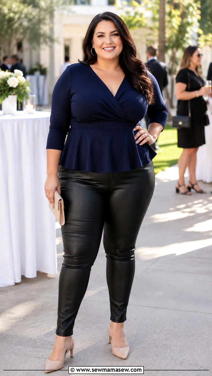 Plus Size Leather Pants With Peplum Top And Slingback Pumps - 30 Plus size outfit ideas with leather pants