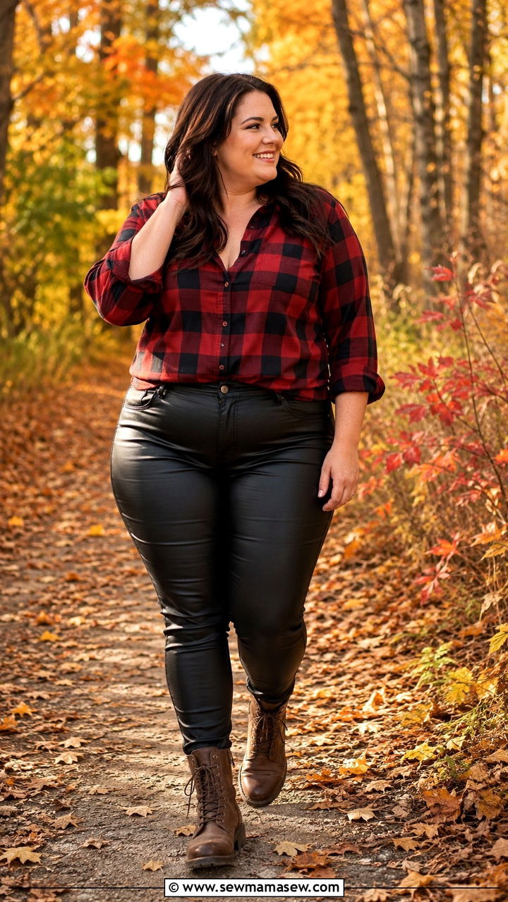Plus Size Leather Pants With Plaid Flannel Shirt And Boots - 30 Plus size outfit ideas with leather pants