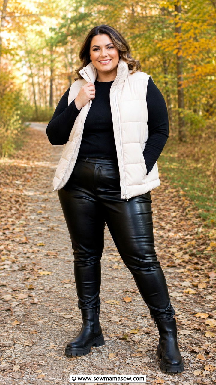 Plus Size Leather Pants With Puffer Vest And Lug Sole Boots - 30 Plus size outfit ideas with leather pants