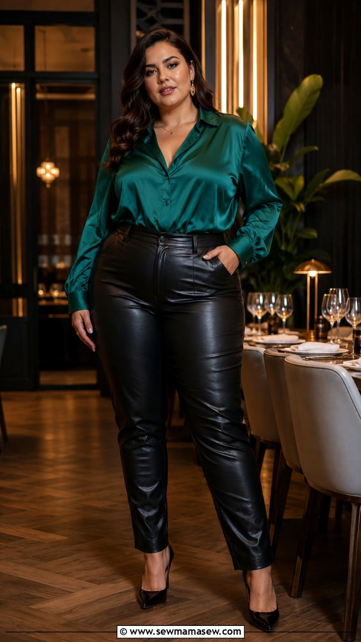 Plus Size Leather Pants With Silk Blouse And Pointed Heels - 30 Plus size outfit ideas with leather pants